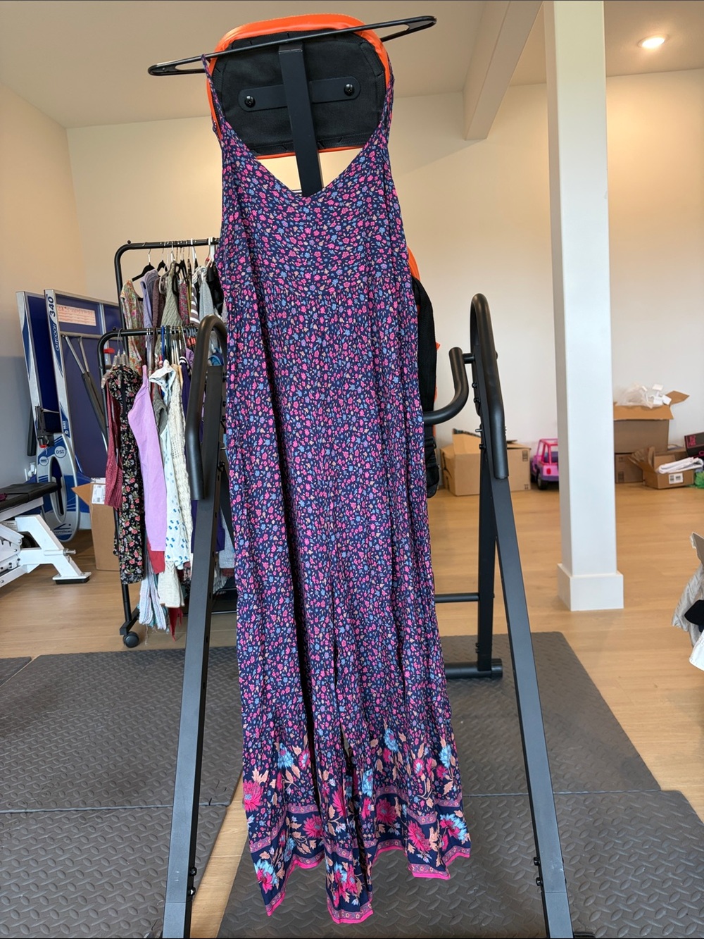 NATURAL LIFE Navy Maxi Dress with Pink Floral Print and Border